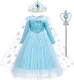 La Soie Princess Jurk | Disney jurk deluxe met kroon + magische staf+ sluier+ haarspeld | Frozen Disney Princess Dress | Kinderen Feest Kostuum | Cadeau | Meisjes feest jurk | Verkleed kleding | Prinsessen kleding | Verjaardag | Feestkleding | 100cm