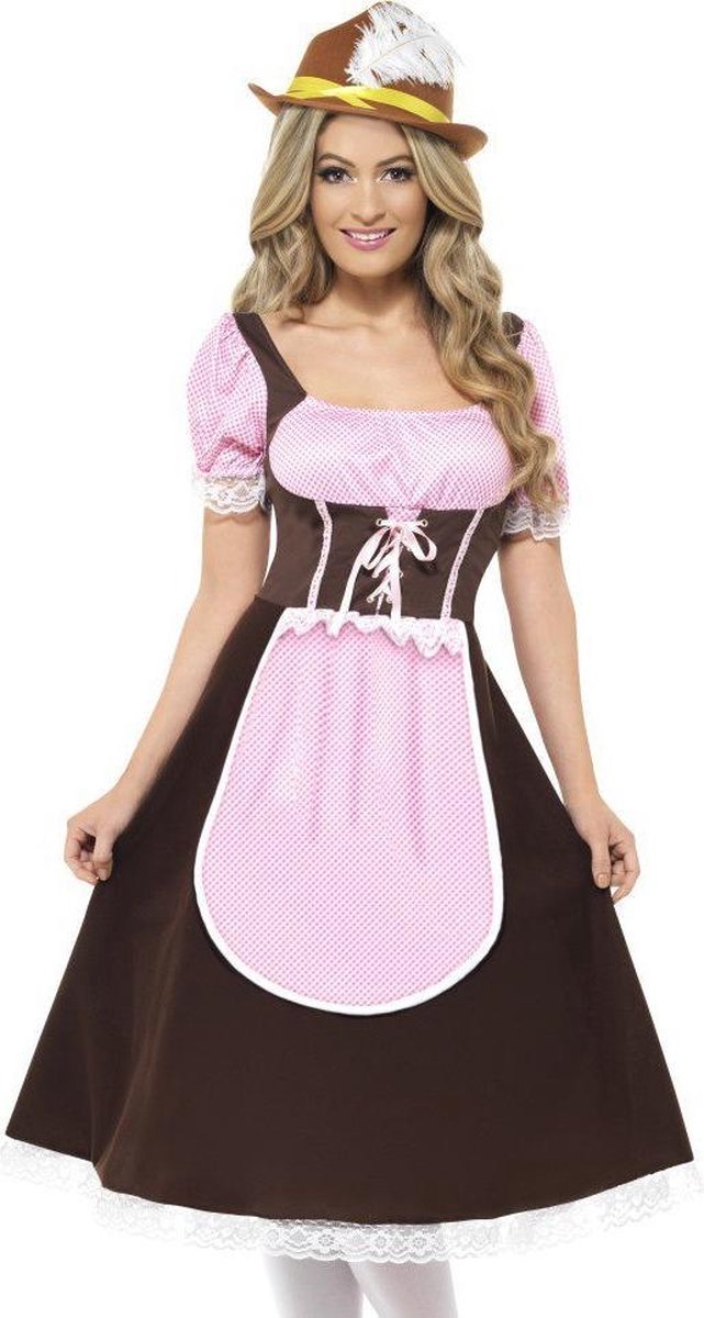 Lange Tiroler jurk in roze en bruin - Oktoberfest dirndl verkleedkleding maat 48-50