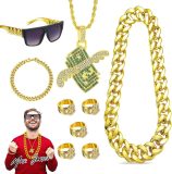 Mrs. Jones 9-delige pooierkostuumset jaren 70 80 90-outfit voor heren - gangsterketting en bril - gouden hiphop-kostuumset dollartekenring voor cosplay carnaval themafeest .