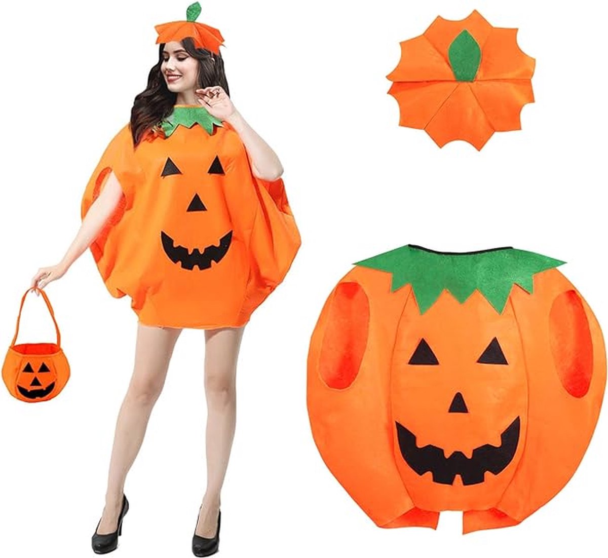 Pompoenkostuum dames, Halloweenkostuum pompoen heren met hoed, Halloweenkostuum dames met Halloween snoepzakje, Halloweenkostuum heren voor Halloweenfeest, cosplay, volwassenen